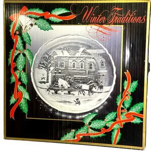 "Winter Traditions" 1990 Heavy Round Glass Serving Tray by Crystal Clear